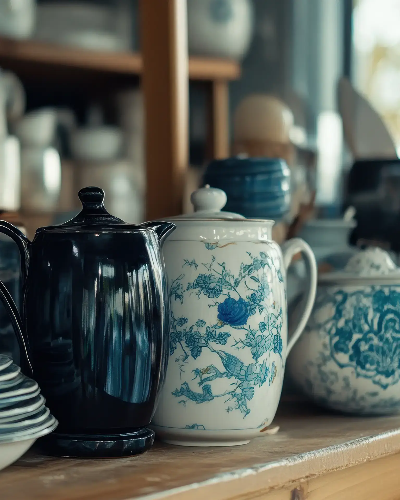 Alte Kaffeekannen und Serviergeschirr aus verschiedenen Epochen